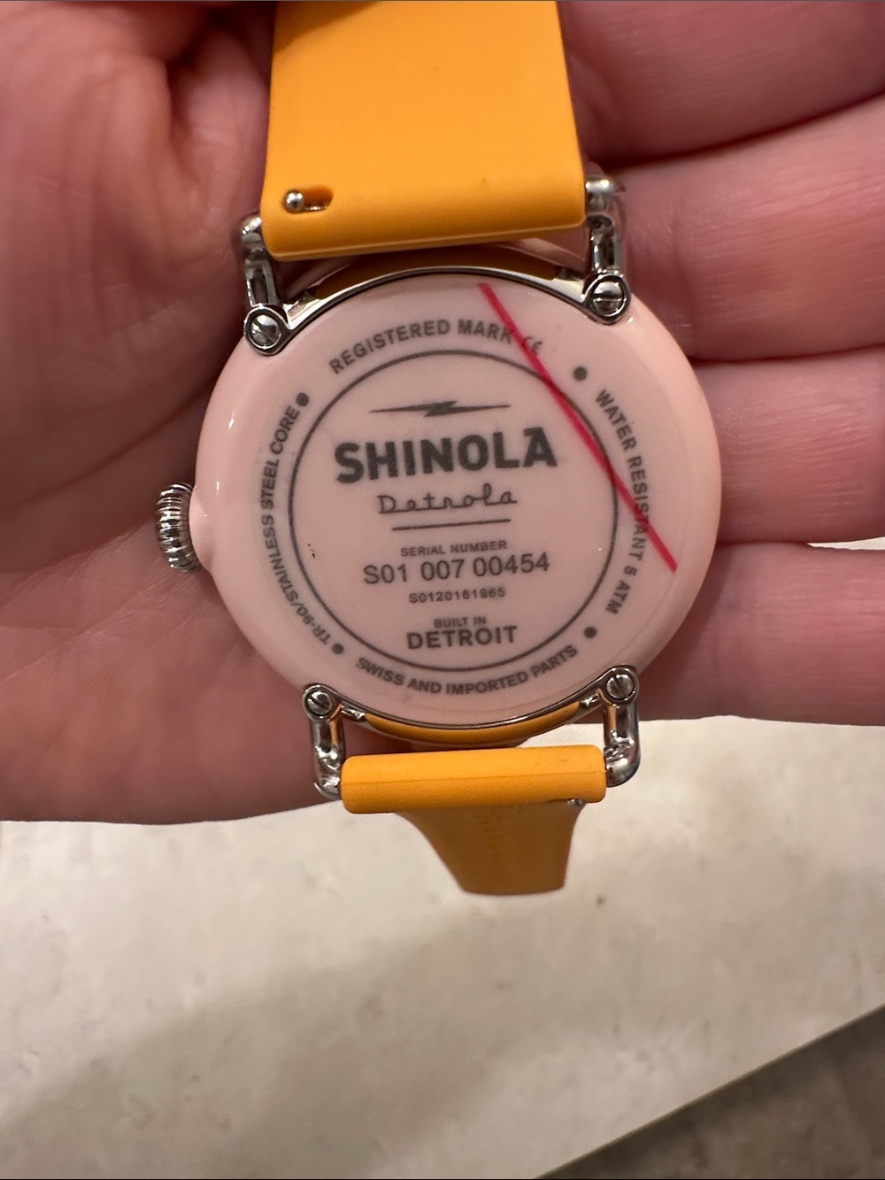 Shinola Detrola Green Dial Watch with Pink Bezel and Orange Strap - Picture 3 of 4